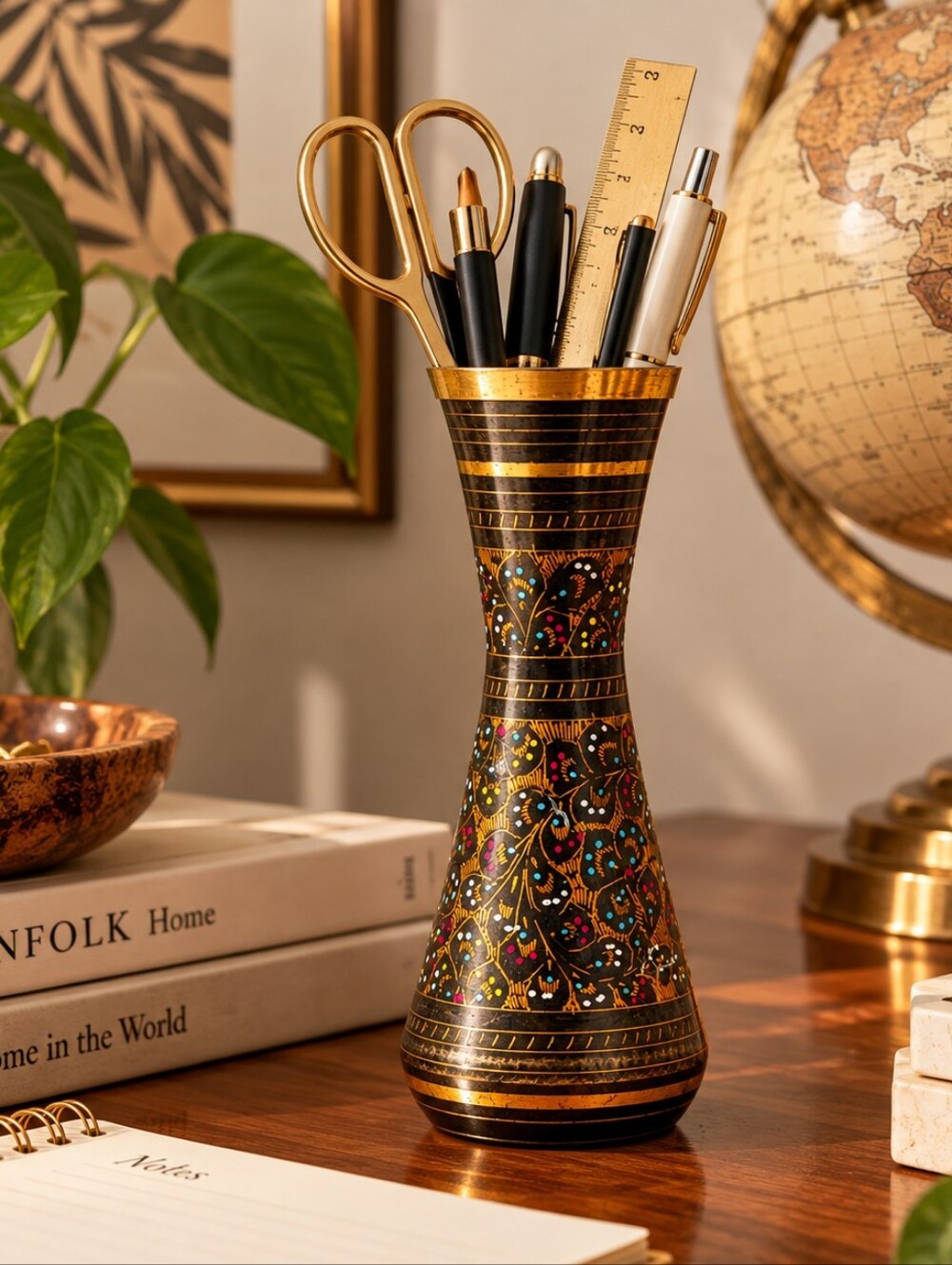 Vintage Black Gold Floral Metal Vase Multicolor Boho Global Decor
